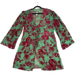 Urban Outfitters Fiona Burnout Red Green Sheer Kimono Duster Floral One Size E56